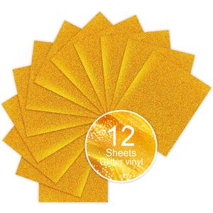 Gold Glitter HTV Sparkly Heat Transfer Vinyl  12 Pcs 12x10Inch Iron-On Vinyl Sheets for TShirts & DIY Craft Gifts, Easy to Cut & Weed, NoFlake & Washable, Work with All Cutter Machines