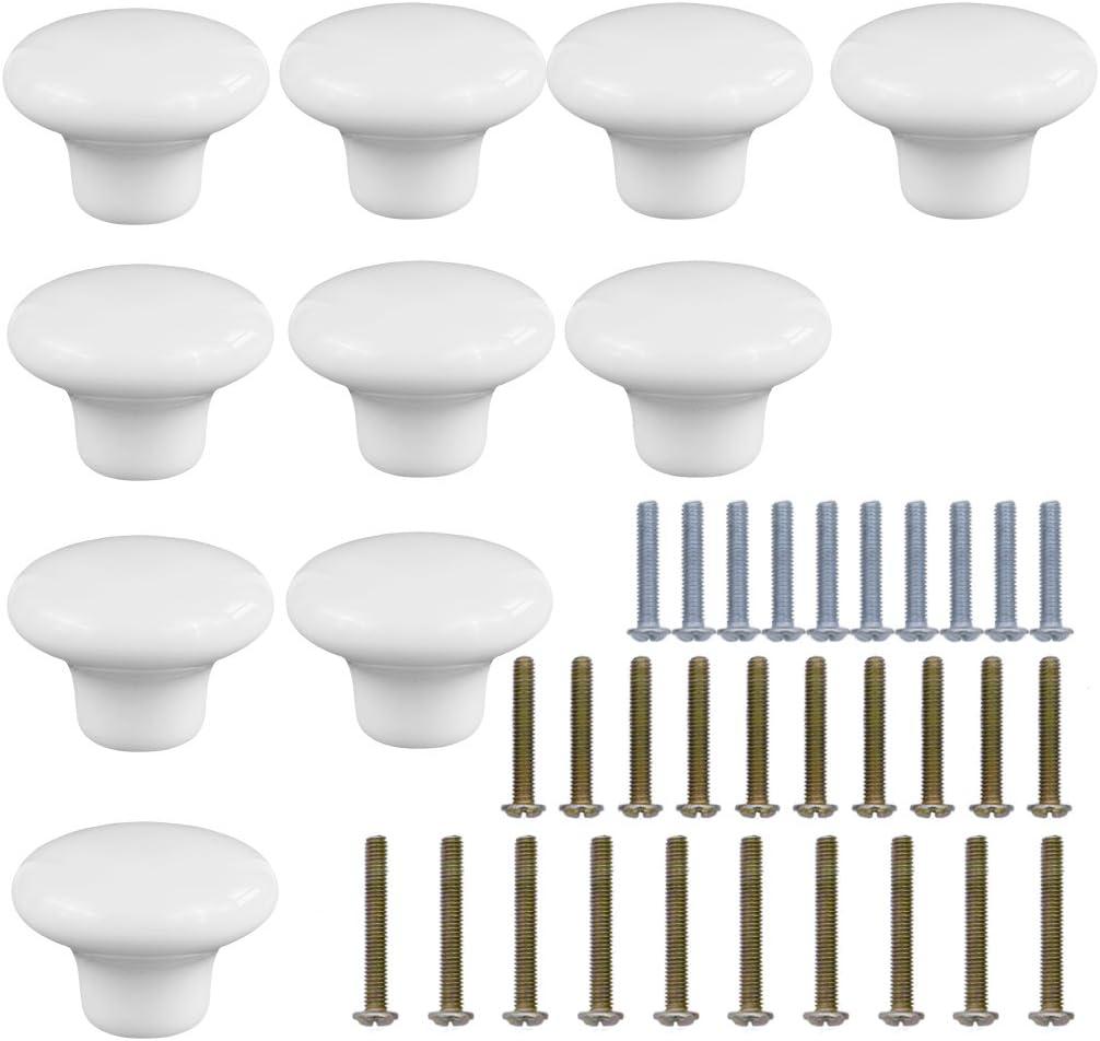 10 Pack Ceramic Round Style Cabinet Knobs Cute Cupboard Door Knobs Drawer Dresser Pull Handles with 3 Kinds of Screws (White)