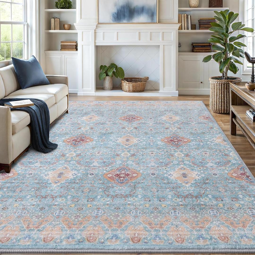 6x9 Area Rugs for Living Room, Bedroom - Machine Washable, Non-Slip Bedside Rug, Large Soft Floor Carpet for Office, Dining Room, Farmhouse and Home Decor, Charm/Turquoise