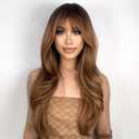 N NAYASA Light Brown Wigs for Women Brown Wig with Bangs 24Ombre Brown Wig with Dark Roots Long Layered Wig Heat Resistant Synthetic Wig Natural Looking Wigs for Daily Party Use