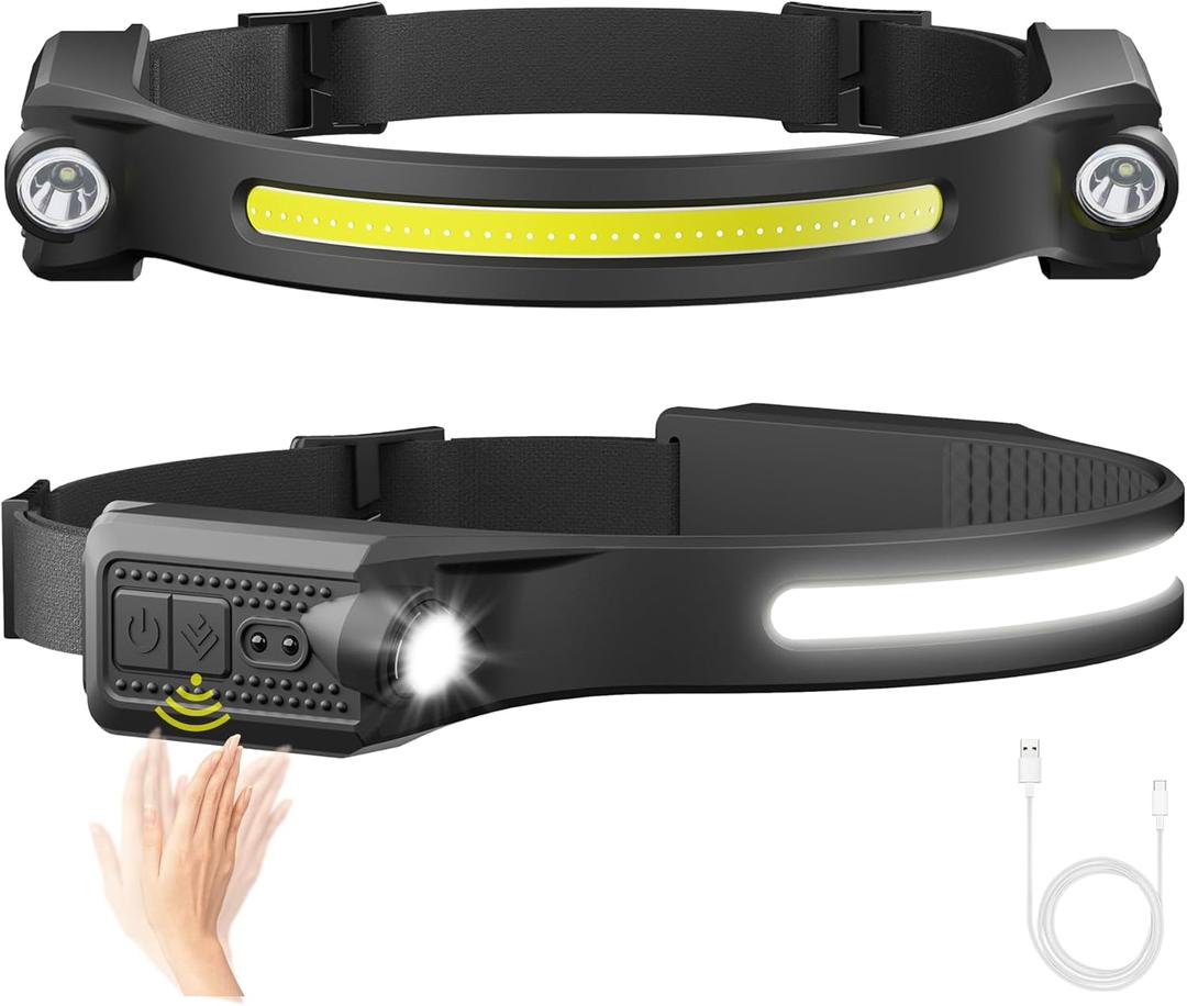 AlpsWolf LED Headlamp Rechargeable, 2 XPE LED and COB LED Head Lamp, Sensor Mode, 260° Wide Beam, IPX4 Waterproof, Rechargeable Headlight for Camping Accessories (2 Pack)
