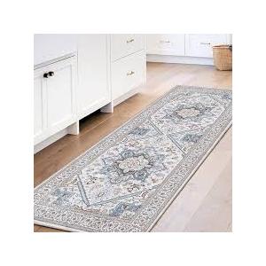 Soft Entryway Rug 2x6, 2x6 Rug Runner, Neutral Washable Hallways Carpet 2 x 6 with Non Slip Backing, Low-Pile Bedside Carpet 2 x 6, Long, Faux Cashmere, Cream White & Blue