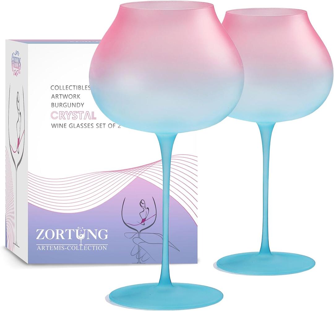 Luxury Art-Grade Crystal Red Wine Glasses Set of 2 with Unique Pink & Blue Gradient & Frosting Surface Elegant Long Stem Burgundy Cute Colored Wine Glass Great Christmas & Birthday Gift