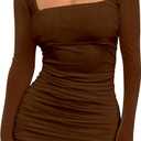 BORIFLORS Women's Sexy Ruched Bodycon Mini Dress Mesh Long Sleeve Club Party Short Dresses (Medium, Coffee)