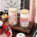 Whaline 2 Pack Groovy Halloween Drinking Glasses 16oz Spooky Ghost Pumpkin Flower Glass Cup Orange Pink Purple Iced Coffee Cup with Lid Straw for Cocktail Whiskey Beer Soda