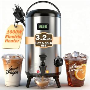 Electric Insulated Beverage Dispenser With Heating 75 Cup Hot & Cold Drink Water Urn with Spigot 12 L / 3.2 Gallon Stainless Steel Hot Coffee & Tea Drink Dispenser for Catering, Juice, Milk,Silver
