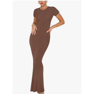 REORIA Women's Basic Summer Casual Lounge Long Dress Elegant Short Sleeve Crew Neck Bodycon Maxi Dresses Large