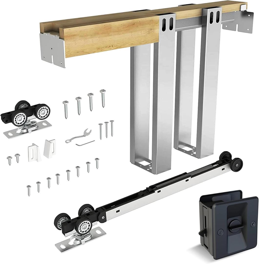 Soft Close Pocket Door Frame Kit With Black Privacy Lock, Easy to Install for 24" to 36" Wide Doors, Durable Hardware Kit