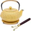 Juvale Japanese Cast Iron Teapot - Stainless-Steel Infuser & Loose Leaf Tea Pot - Superior Heat Retention Cast Iron Kettle - Elegant Floral Trivet For Home Tea Set - 800 ml, Yellow