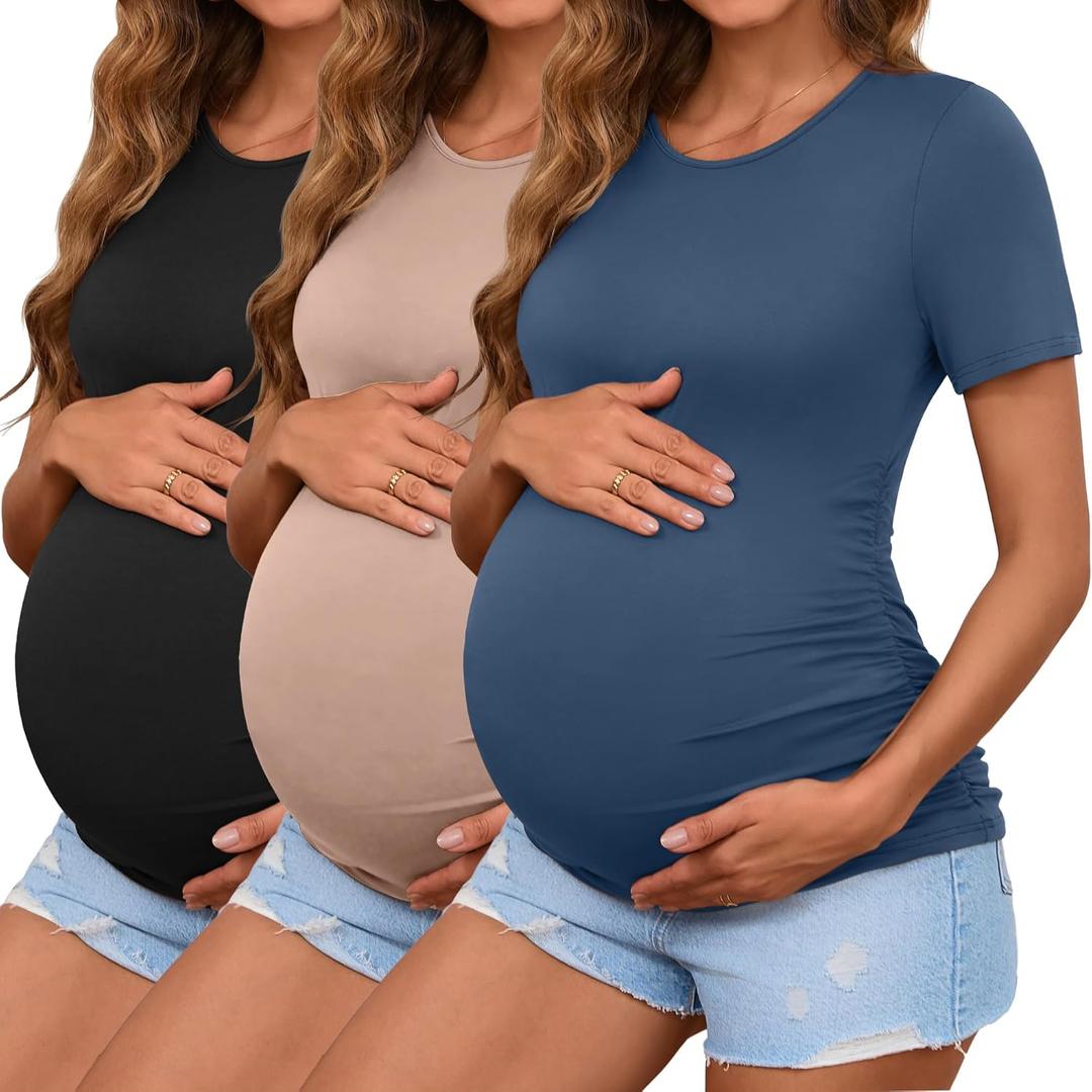 Ficerd 3 Pack Women's Maternity T-Shirts, Short Sleeve Cotton Maternity Tops Comfy Crew Neck Side Ruched Pregnancy Clothes (Medium, Black, Haze Blue, Khaki)