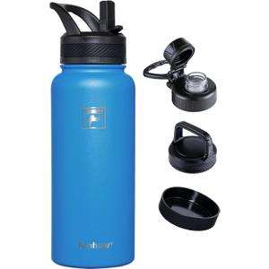 Fanhaw 32 oz Insulated Water Bottle  Portable Stainless Steel Flask with 3 Lids (Straw, Spout, Carabiner) | Leakproof, for Gym, Hiking, Work, Travel & Everyday Use (Sky Blue)