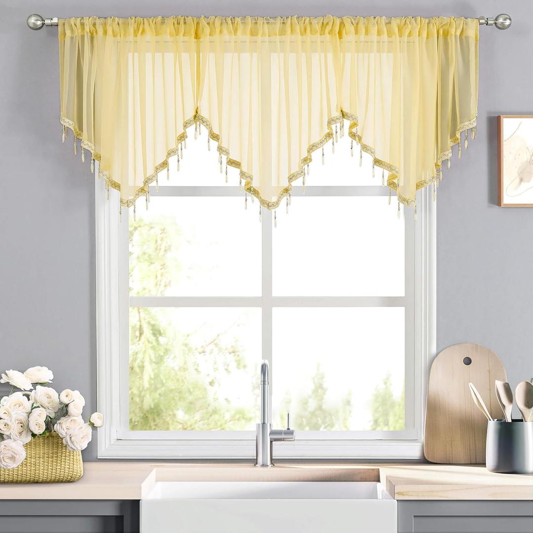 WUBODTI Yellow Sheer Valance Curtains for Living Room Windows, Boho Crystal Beaded Tassel Triangle Kitchen Curtains Lace Swag Curtain Valance for Bedroom Bathroom Door Decor,3PCs, Each W51 x L24