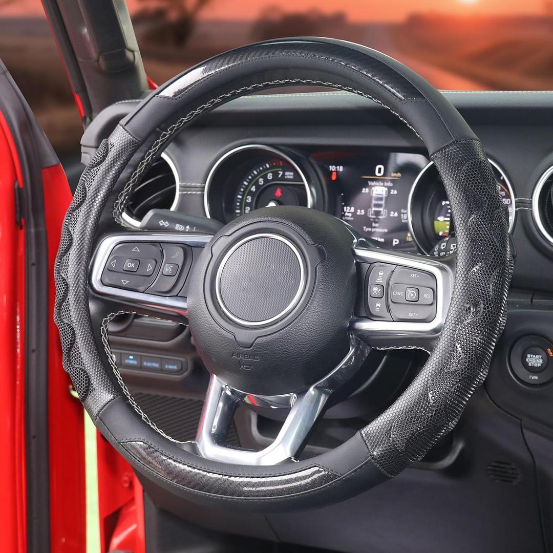 KAFEEK Steering Wheel Cover Great Grip with 3D Honeycomb Hole, Universal 15 Inch, Anti-Slip Sporty Steering Wheel Protector, Carbon Fiber Design, Black