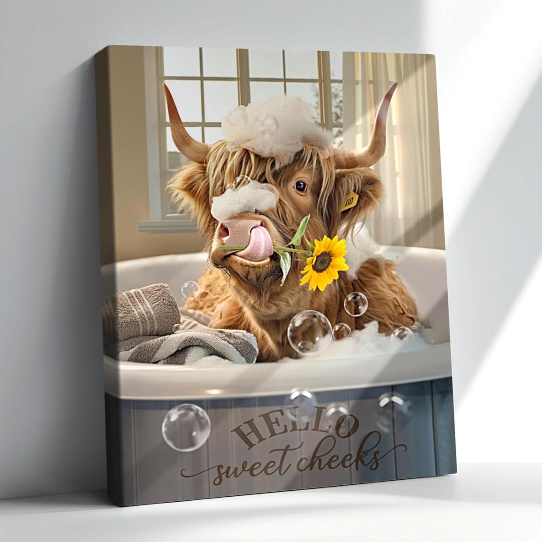 Highland Cow Wall Art Bathroom Decor 12x16 Cute Cow Bathroom Canvas Prints Funny Highland Cow Prints Art Cow On Toilet Picture Rustic Farmhouse Modern Style Restroom Bath Painting Print (Highland Cattle Holding Flowers In The Bathtub)