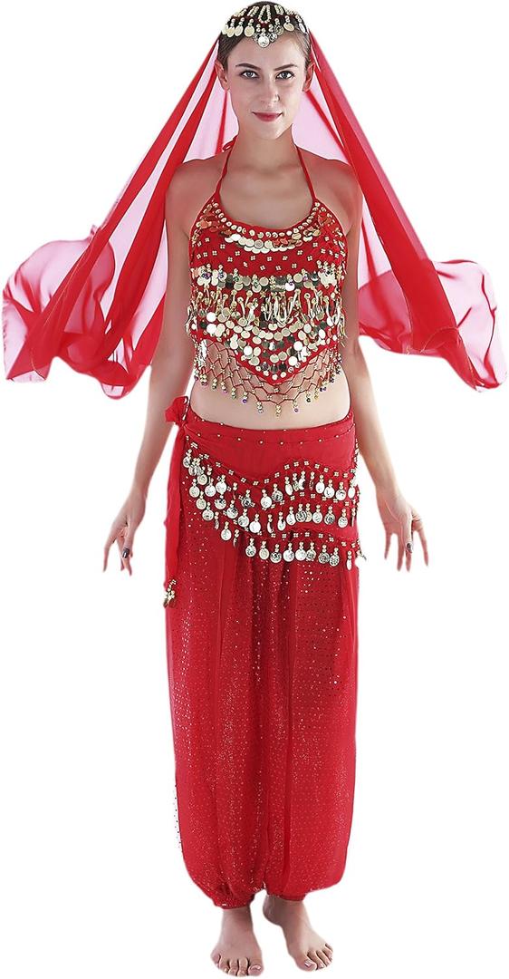 Seawhisper 12 Colors Belly Dance Costumes India Dance Outfit Halloween No Visible Size,  Red 5-piece)