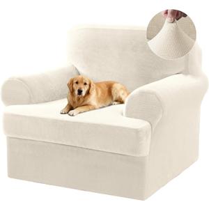 2 Pieces T Cushion Chair Covers with Arms Thick Velvet Couch Cover Stretch T Cushion Sofa Covers for Living Room Chair Cover with Individual T Cushion Covers , Washable (1 Cushion Chair, Ivory)