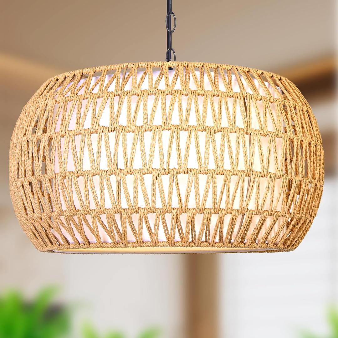 Handwoven Rattan Boho Farmhouse Chandelier - 19" Adjustable 5-Light Pendant for Dining Room & Kitchen Island, Coastal Rustic Ceiling Light