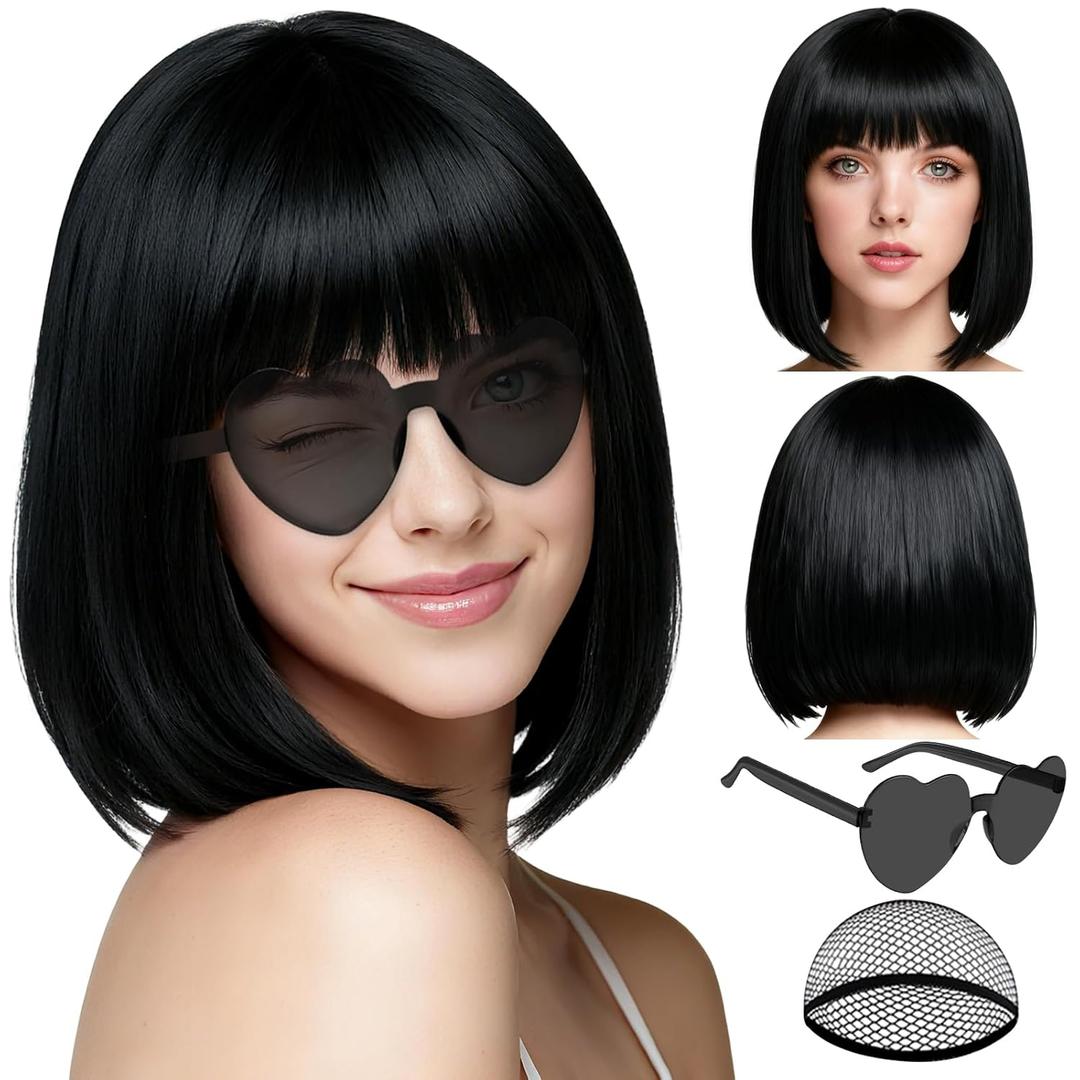 PLULON Black Short Bob Wig with Bangs for Women, Colorful Neon Short Bob Synthetic Hair Wigs with Hair Cap Heart Sunglasses for Adults Men Daily Bachelorette Halloween Costume Party Supplies