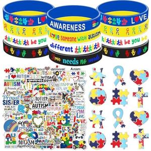Set of 2 Packs, Yizeda Autism Awareness Party Favors Autism Awareness Wristband Silicone Bracelets Bulk Puzzle Inspirational Rubber Bracelet Sticker Stampers for Autism Awareness Decoration Party Favor Gift Supplies