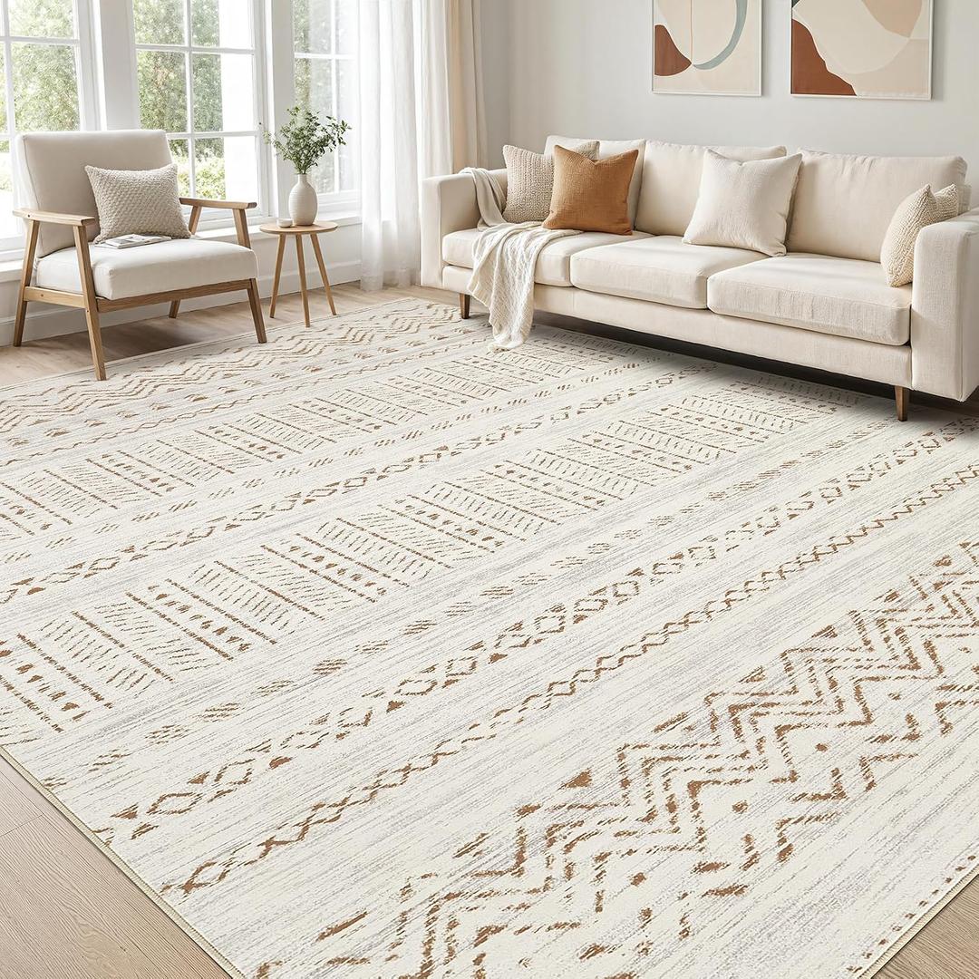 cotiled 5x7 Area Rug Living Room: Washable Boho Rugs with Non Slip Backing Large Soft Indoor Stain Resistant Carpet for Bedroom Farmhouse Dining Room Lightweight Home Decor Brown/Cream