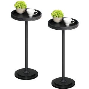 HOOBRO Small Round Side Tables, Set of 2, Drink Tables, Coffee Martini Tables with Pedestal Accent for Small Spaces in Living Room, Bedroom, Sofa Couch, Black BB168BZP201