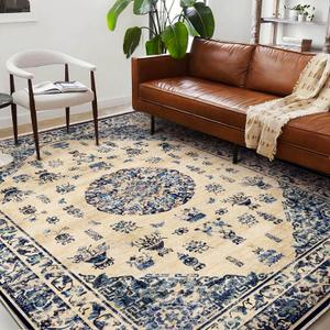Washable Area Rug 10'x14' Boho Design Non-Shedding Easy Care Ideal for High Traffic Areas in Living Room Bedroom Office Coffee Table Kitchen Large Carpet (Ethnic Blue)