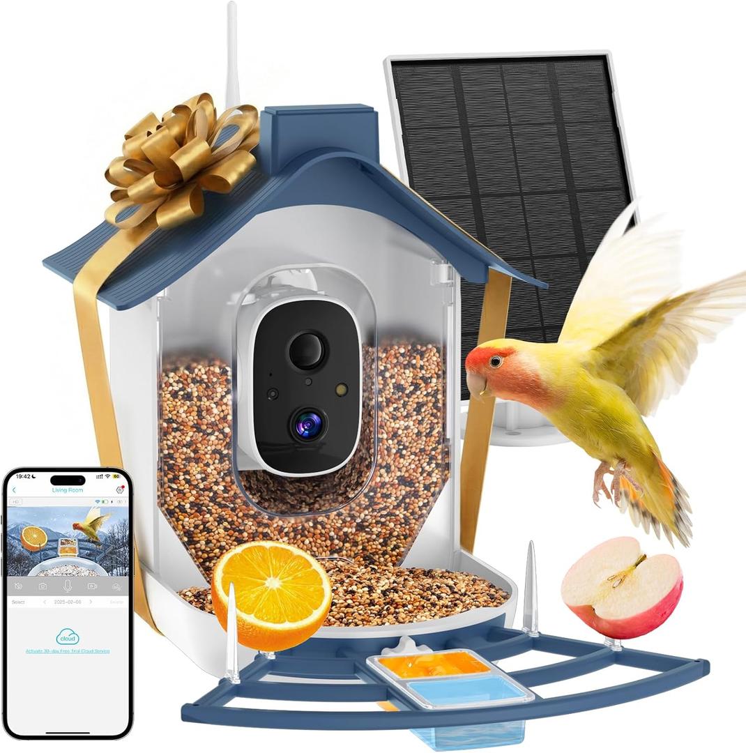 Smart Bird Feeder with Camera for Backyard, AI Bird Species Identification, Solar Powered Outdoor Bird Camera with Auto Capture & App Notifications (Blue)