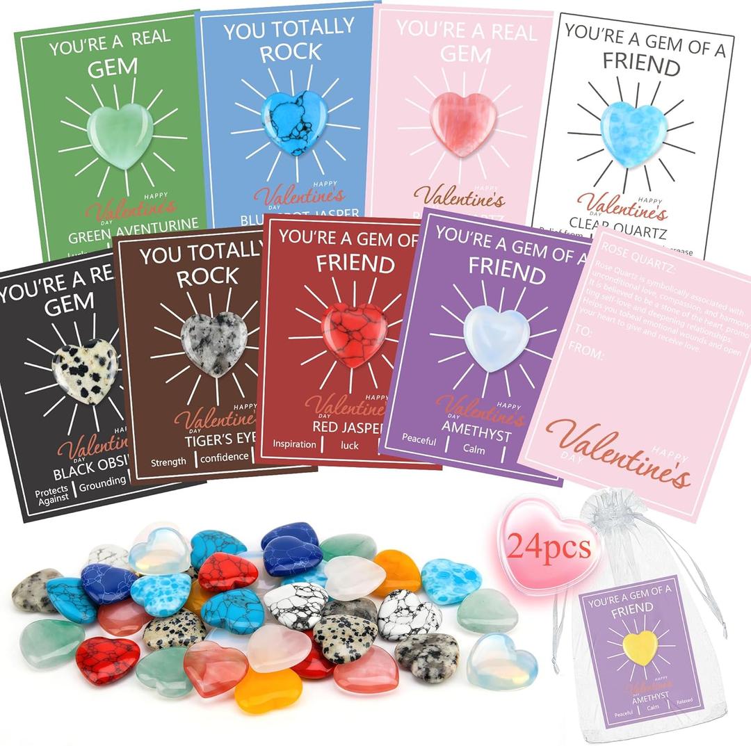 24 Pack Valentines Day Gifts for Kids, Valentines Day Cards with Heart-Shaped Crystal Gemstones for School Classroom Exchange, Valentine Party Favors&Goody Bag Fillers for Girls and Boys Ages 4-12