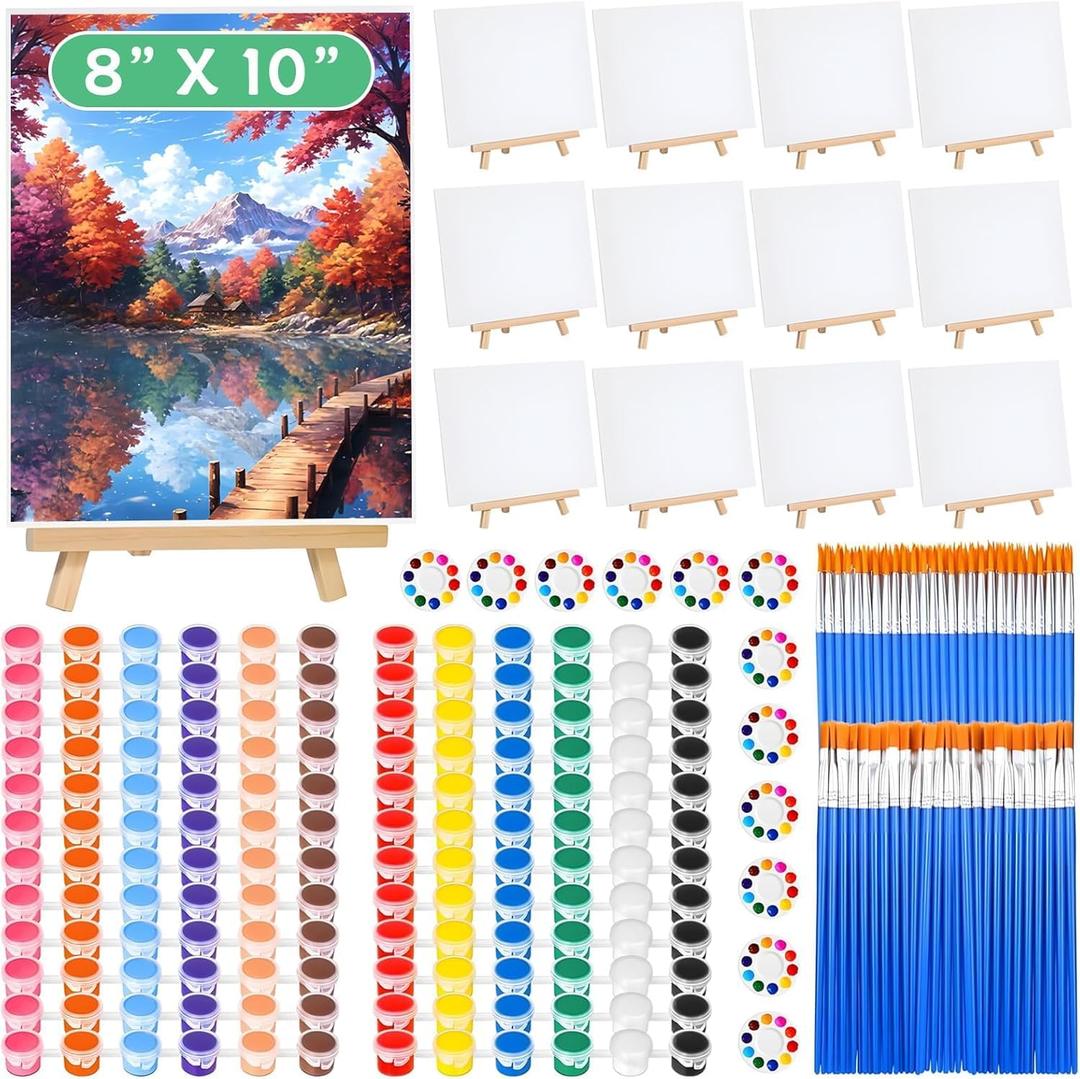 120pcs 8x10 Inch Painting Supplies Kit, 12Pack Art Canvas Bulk with Easel Stand, 12 Colors Mini Acrylic Paint Set, Small Paint Brushes, Paint Trays, Painting Kit