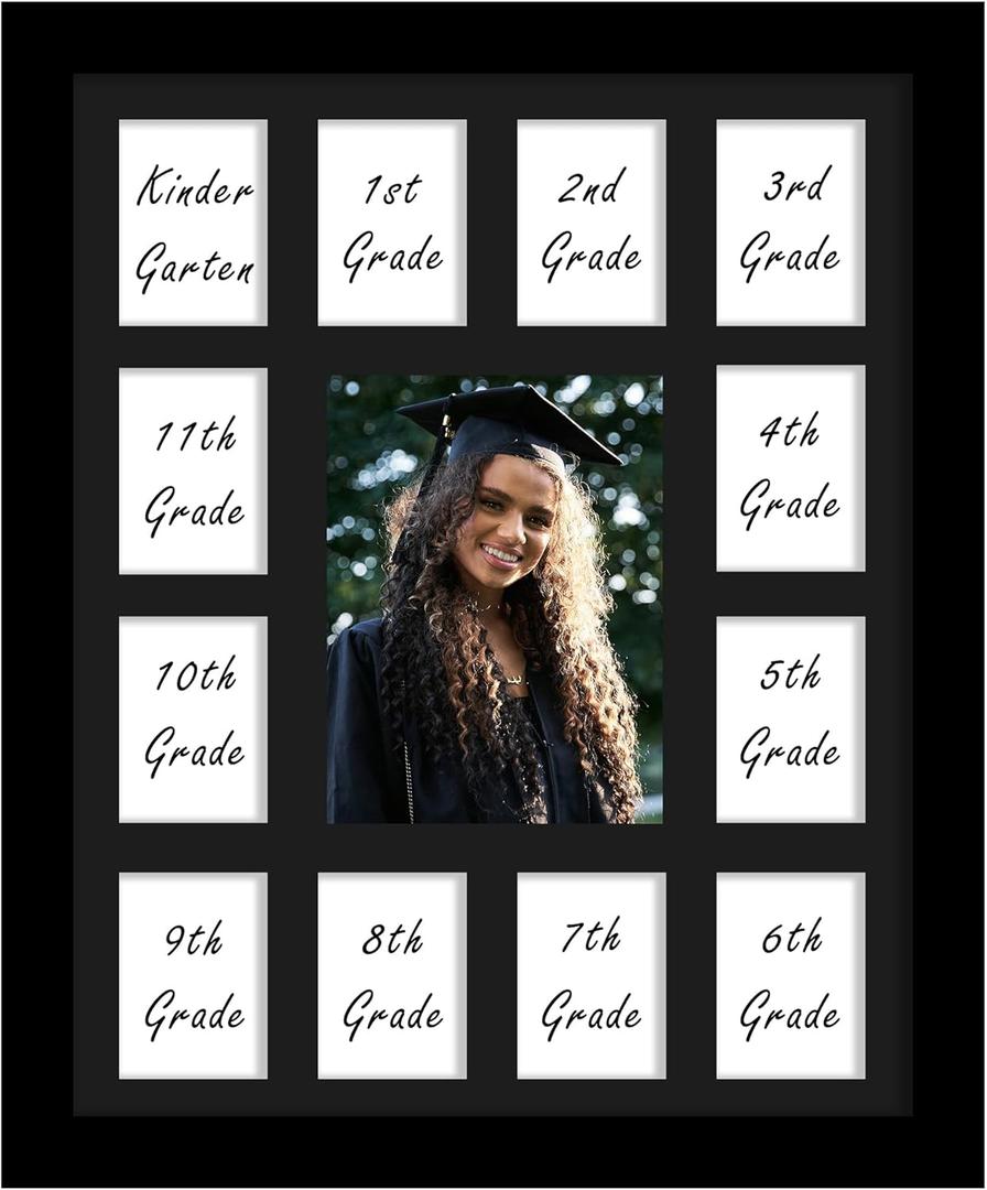 DUENPY 12x16 School Year Picture Frame K-12 Displays One 5x7 Photo and Twelve 2.5x3.5 Pictures Graduation Photo Collage Wall Hanging Collage School Picture Frame Black