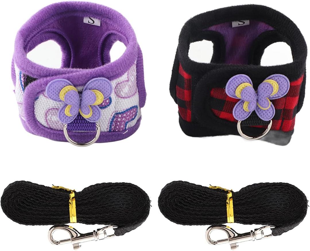 LIZEALUCKY Pack of 2 Small Pet Harness with Bowknot and Bell Decor, No Pull Comfort Padded Vest Guinea Pig Striped Harness and Leash Set for Ferret, Rats, Iguana, Hamster, Bearded Dragon