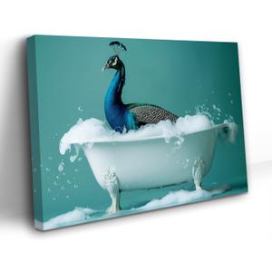 PBXBJY Animal Bathroom Wall Art Peacock in the Bathtub Canvas Pictures Funny Animals Painting Print Modern Toilet Decor Frame (16.00" x 24.00")
