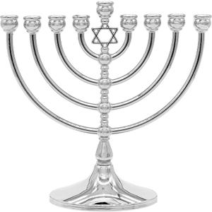 The Dreidel Company Hanukkah Menorah with Traditional Star Polished Aluminum Finish, Full Size 7 Inches Tall