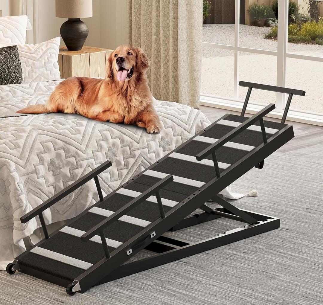 Dog Ramp for Bed, 63" Pet Ramp for Adjustable Hight, Dog Ramps for Large Dogs with Anti-Slip Carpet and Safety Rails, Dog Car Ramp with Wheel for Small, Large, Old Dogs Up to 180 Lbs, Black