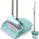 XXXFLOWER Broom and Dustpan Set with Cleaning Teeth, 55" Long Handle Indoor Sweeping Combo for Home Office Kitchen, Bluish Green