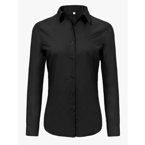 Design In Paris Super Soft Wrinkle Free Button Down Shirts for Women Solid Long Sleeve Striped Formal Work Dress Blouses Tops, Black,S