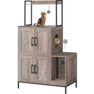 HOOBRO Cat Litter Box Enclosure Furniture, 2 in 1 Hidden Litter Box Furniture with Shelf, Double Litter Box Cabinet with 2 Dangling Plush Balls and 1 Toy Ball, Greige and Black BG78MW01