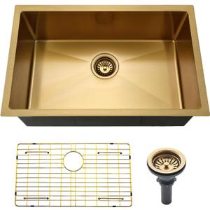 27 inch Undermount Kitchen Sink Gold, Jshozzy 27x16 Stainless Steel Sink Undermount 16 Gauge Single Bowl Under Counter Gold Kitchen Sink Deep