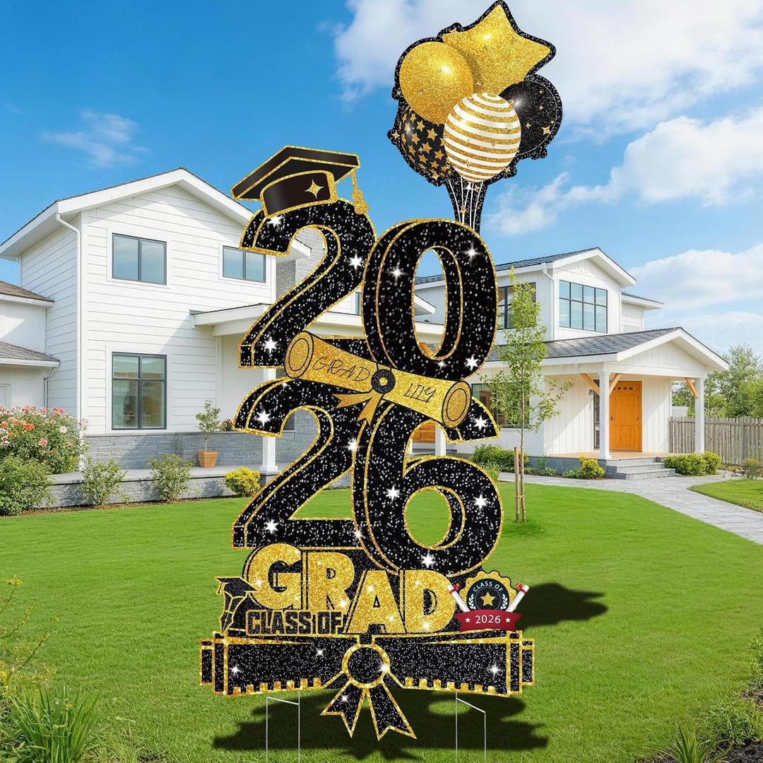 3.37FT Class of 2026 Graduations Yard Signs, Large Black & Gold 2026 Graduation Decorations Grad Yard Lawn Signs Decoration with Stakes for Outdoor Indoor Congrats Graduation Party Decor Supplies