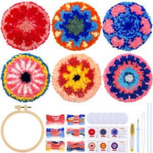 ERKOON Punch Needle Coasters Kit Adults Beginners, 6 Pcs DIY Easy Coaster Embroidery Set for Starter Art Craft, Needling Punching Project with Patterns, Tools, Yarns, Hoop, Instruction (Flower)