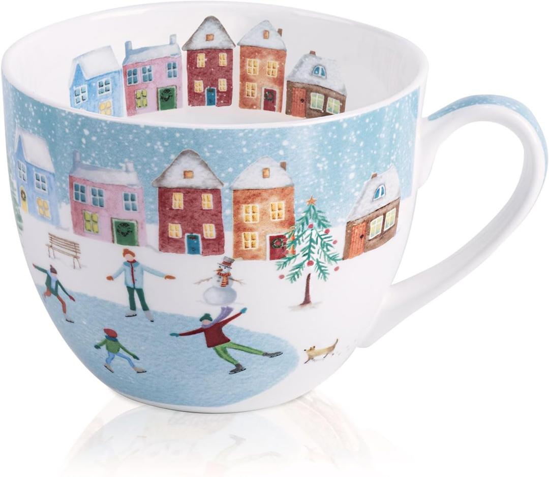 Christmas Skating Mug - 20 oz Bone China Winter Coffee Mugs with Snowy Village, Perfect Holiday and Birthday Gifts for Friends and Family - Designed in England by Harvest Green Studio