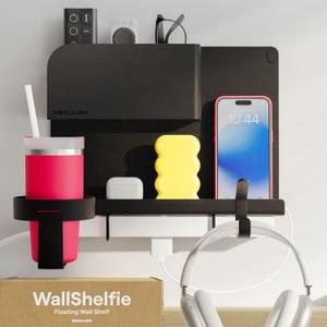 WallShelfie Bedside Wall Organizer & Bedside Shelf, Room Decor, Dorm Room Essential, Floating Bedside Shelf Wall Mount Organizer, Remote Control Holder, RV Accessories, Floating Shelves (Black)