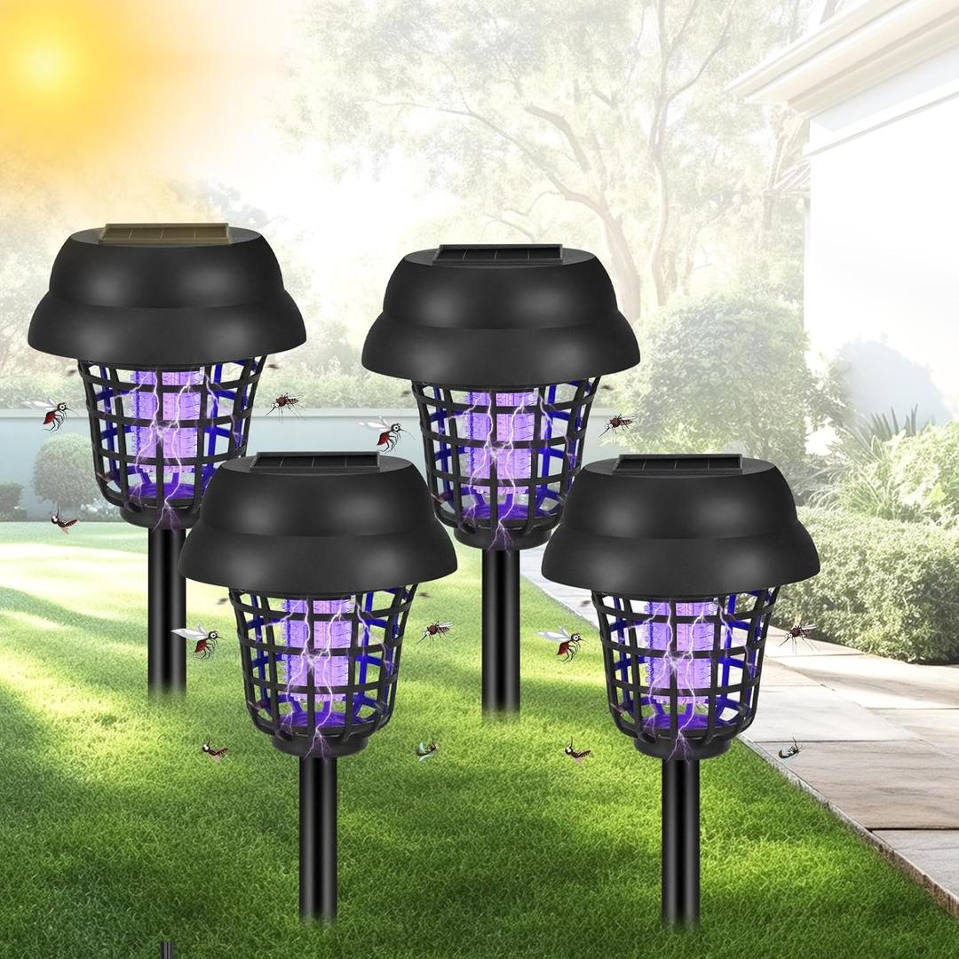 Solar Bug Zapper Outdoor Waterproof Solar Powered Mosquito Zapper Repellent Outdoor Patio,Cordless & Auto On/Off Small Fly Insect Zappers for Garden Backyard Gnat Bug Lamp for Outside,4 Pack Black