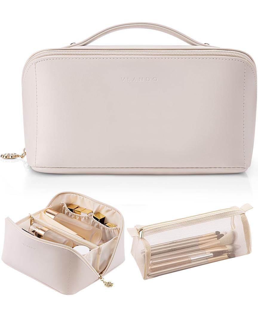 Vlando Travel Makeup Bag, Graduation Gifts,Make up Bag Travel Toiletry Bag for Women Open Flat Makeup Organizer with Divider and Handle-White