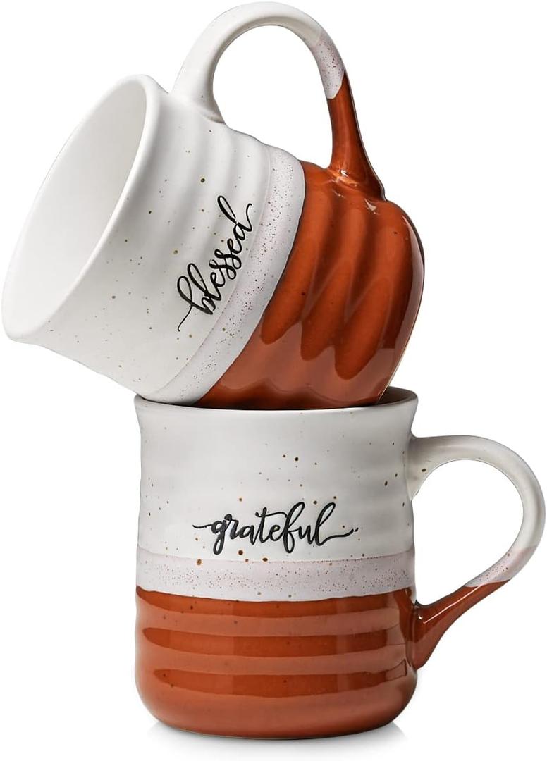 DOWAN 18 oz Large Coffee Mugs, Ceramic Mug Set with Word Blessed Grateful, Big Tea Cup for Office & Home, Thank You Gift for Women Men Mom Dad Christian, 2 Pcs
