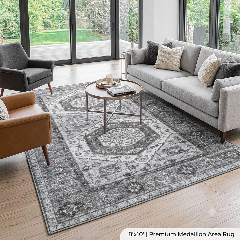 LBRO2M Boho Area Rug 8X10 Washable Rugs for Bedroom Low Piles Indoor Carpet, Non Slip Soft Rug for Living Room, Dining Room, Dark Gray Rug Foldable Pet Friendly Area Rugs (8'X10' Dark Gray) 
