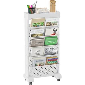 BYFU 6-Tier Movable Bookshelf Cart, Rolling File Paper Storage Organizer Mobile Bookcase with Wheels for Home Office Study Classroom, White