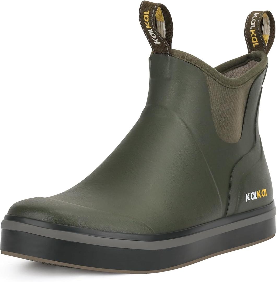 Kalkal Men's Deck Boots Anti-Slip Saltwater Fishing Rain Boots with Memory Foam, Waterproof Rubber Ankle Work Boots for Sailing  (11.5, Military Green)