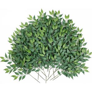 mizii 24pcs Italian Ruscus Artificial Greenery Stems Silk Green Leaves 20in Fake Spray Plants Stem Garland Greenery Decoration for Centerpieces Wedding Arch Flower Bouquet Table Room Wall Decor (24)
