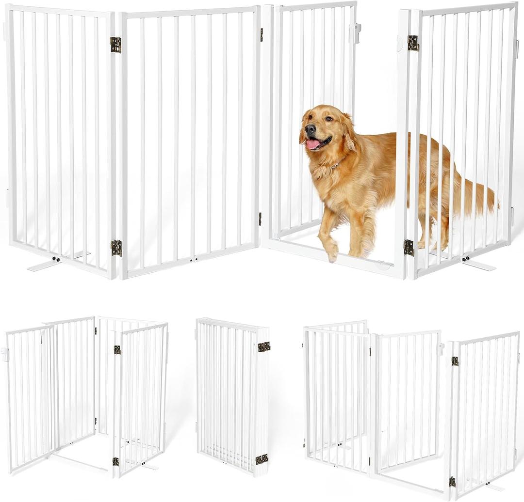 Metal Freestanding Dog Gates with Door for Indoor and Outdoor Use, 80'' Extra Wide and 32'' Tall Free Standing Dog Gate for Doorways, Large Openings, Deck, Yard, and Porch, Foldable Safety Pet Fence (White, 4 Panels)